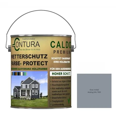 Contura Wetterschutzfarbe 2,5 Liter Holz Dauerschutzfarbe Deckend Buntlack Holzfarbe Holzlasur Seidenmatt (Grau Mittel - RAL 7001 Analog)
