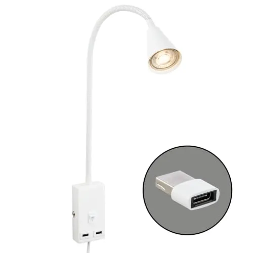 BRILONER Leselampe mit USB Port - Wandleuchte für Kinder - Vielseitige Kinderlampe mit schwenkbarem Flexarm für individuelles Licht. Inklusive 2x USB-Anschlüsse zum Laden von Geräten, ideal für Leseecken oder am Bett.
