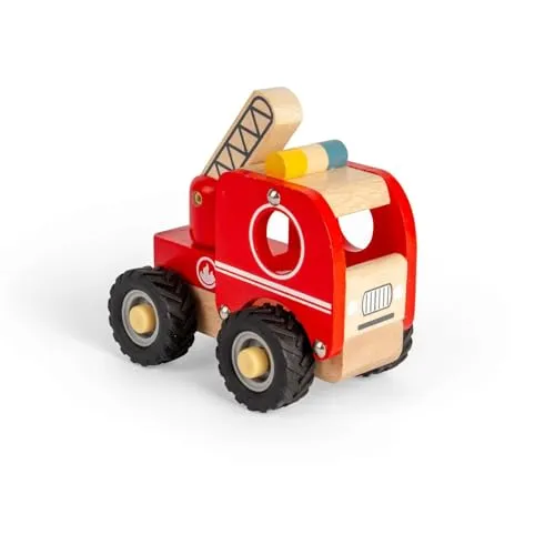 Bigjigs Toys Mini Feuerwehrauto – Rotes Feuerwehrauto aus Holz, kleines Einsatzfahrzeug, Feuerwehrfahrzeuge für Kinder, Geschenke für Kleinkinder, ab 12 Monaten geeignet.