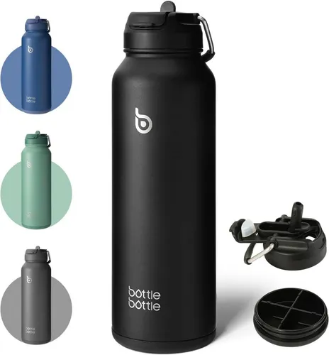Isolierte Wasserflasche mit Strohhalm aus Edelstahl 1,2 l Schwarz