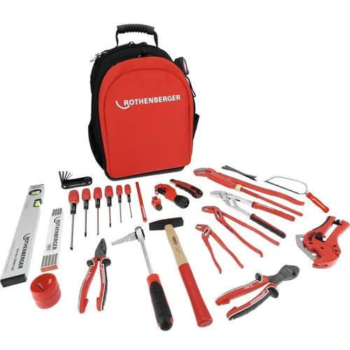 Rothenberger Profi-Werkzeugset 34-tlg. | Rucksack für Heizung, Sanitär, Klima - 34-teiliges Werkzeugset im praktischen Rucksack, perfekt organisiert für schnelle Aufgaben. Ergonomisch und robust für professionelle Einsätze in Heizung, Sanitär und Klima.