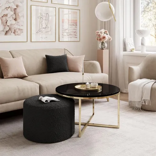 Couchtisch CIRI-X mit Hocker in Gold Chrom und Schwarz Hochglanz