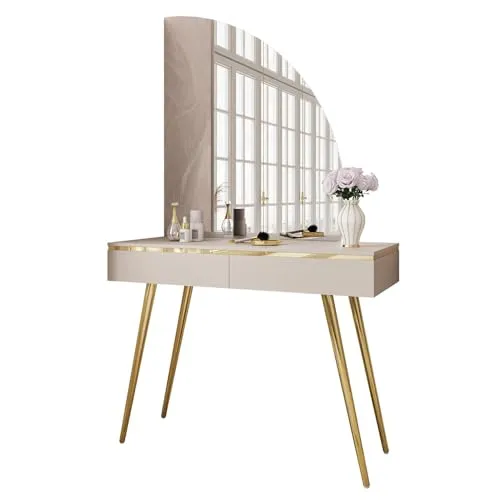 AURORA-SQ Schminktisch mit Spiegel - Kaschmir Version - Eleganter Schminktisch mit LED-Halbmondspiegel, goldenen Details und viel Stauraum. Ideal für moderne und klassische Innenräume.