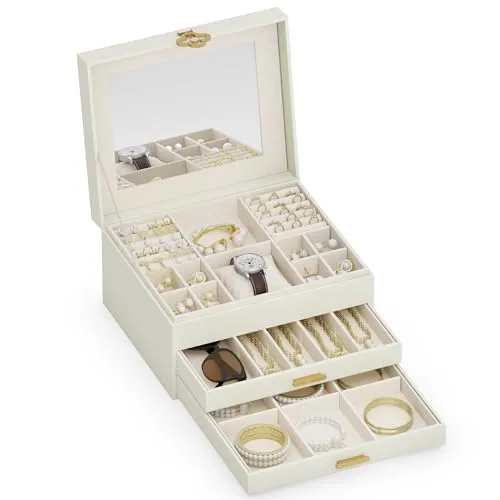 ADEL DREAM 3-stöckige Schmuckkästchen mit Kleeblatt-Knopf Schmuckaufbewahrung mit ausziehbarem Tablett Schmuck Organizer mit großem Spiegel,DIY verstellbare Fächer,für Mütter und Mädchen cremefarben