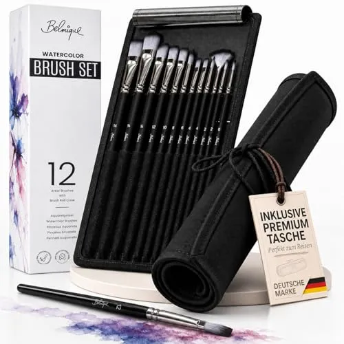 Belmique Aquarellpinsel Set – 12 Watercolor Brushes mit Rolltasche, haarfeste Künstlerpinsel für Aquarell, Gouache, Acryl & Wasserfarben