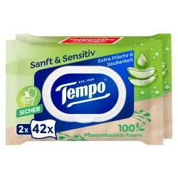 Tempo sanft & sensitive Toilettentücher 836197 , 1 Doppel-Packung = 2 x 42 Tücher, mit Verschluss