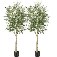 Costway 2er Set Künstliche Olivenbäume 180 cm - 2 hochwertige künstliche Olivenbäume mit 1296 Blättern und stabilen Zementtöpfen, ideal für eine grüne Akzentuierung in jedem Raum.