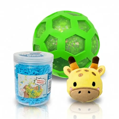 alldoro 68770 Squeeze & Anti-Stress Set 3-teilig, XXL Mesh-Ball, Squishy-Worms & Plüsch-Knautschball, abwechslungsreiche Fidget Toys ab 3 Jahre