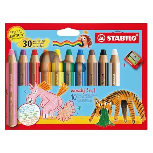 STABILO - Buntstift, Wasserfarbe & Wachsmalkreide - woody 3 in 1 - Jubiläumsedition - 10er Pack mit Spitzer - 10 Farben