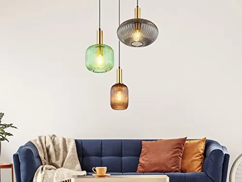 meineWunschleuchte Ausgefallene Pendelleuchte mit 3 Glasschirmen - Hochwertige Lampe mit 3 gerillten mehrfarbigen Glasschirmen, ideal für individuelle Beleuchtung. Inklusive dimmbarer E27 Filament LED Leuchtmittel, perfekt für Wohnzimmer, Küche und Flure.