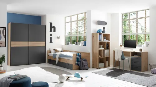 Jugendzimmer Liam - 4-teiliges Komplett Set in Artisan Eiche und Graphit - Komplett Set für Kinder- und Jugendzimmer mit Schwebetürenschrank, langlebiger Melaminbeschichtung und modernen Designs für ein stilvolles Ambiente.