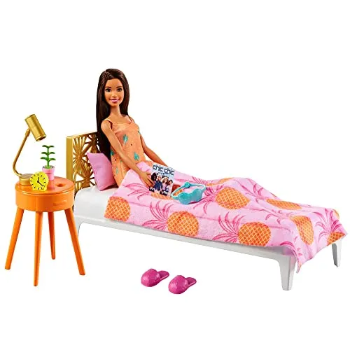 Barbie GRG86 - Schlafzimmer-Spielset und Barbie-Puppe (ca. 30 cm, brünett), Möbel-Spielset mit Puppe in Pyjamas und Zubehör, Geschenk für Kinder von 3 bis 7 Jahren