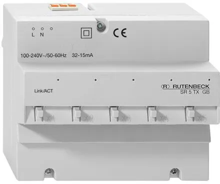 Rutenbeck Gigabit-Switch für REG Montage SR 5TX GB 23510503 - Gigabit-Switch für 5 Datenendgeräte, ideal für die Hutschienenmontage. Kompakt und robust mit IP20 Schutzart, perfekt für effiziente Netzwerkinfrastrukturen.
