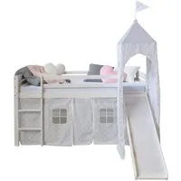 Homestyle4u Hochbett 90x200 mit Vorhang, Rutsche und Turm - Stabiles Kinderhochbett in Weiß mit Sternenmotiv, ideal für kreative Spiel- und Schlafmöglichkeiten. Inklusive Absturzsicherung und abgerundeten Kanten für maximale Sicherheit.