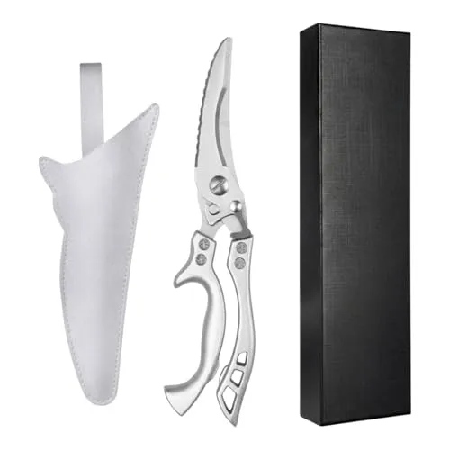 Geflügelschere Küchenschere Profi Haushaltsschere Metallgriff, Schere Küche Scharfe Edelstahl Knochenschere mit Sicherheitsschloss,Allzweckschere mit Holster für Fleisch und Fisch