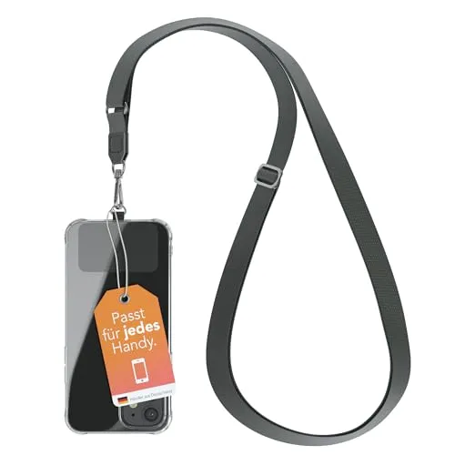 EAZY CASE - Universal Handykette zum Umhängen geeignet für alle Smartphones Handyhüllen Kette zum Umhängen Anthrazit mit breitem Band Handyband mit jeder Hülle kombinierbar Smartphonekette in Grau