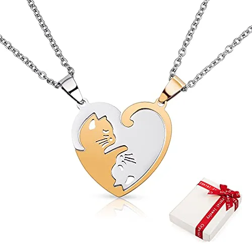 Stück Damen Kette Anhänger für Paar Pärchen,Herz Freundschaftsketten Best Friends Haslkette Gravur Katze, Schmuck Partnerketten für BFF beste Freunde Liebhaber Couple Geschenke (Gold Silber ) 2