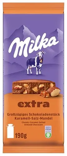 Milka Extra Karamell-Salz-Mandel – Alpenmilch-Schokolade - Sortimentpackung mit 190g zartschmelzender Milka Alpenmilch-Schokolade, knusprigen Mandeln und feinem Karamell – ein harmonisches Geschmackserlebnis für süß-salzige Liebhaber.