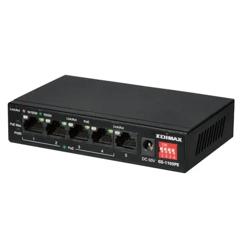 Edimax GS-1105PE - 5-Port PoE+ Switch - Unmanaged Switch mit DIP-Schalter, bietet lange Reichweite und 60 W PoE+ für zuverlässige Netzwerklösungen, ideal für Desktop und Wandmontage.