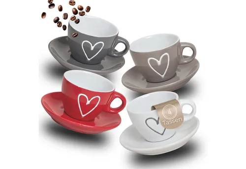 matches21 HOME & HOBBY Tasse Espresso-Tassen Herz-Dekor 4er Set dickwandige Keramik, 50 ml, 4-tlg., Keramik, Kleine Vintage Henkel Mokka Kaffee-Tassen mit Untertassen