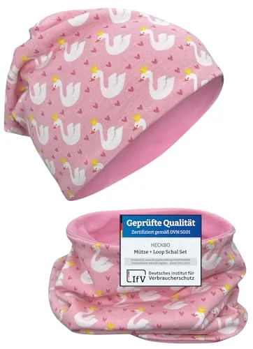 HECKBO Kinder Beanie & Loop Set - Schwan Motiv - Fleece weich - 95% Baumwolle - Pflegeleicht - Waschbar bei 40° - Rosa Mädchen (48–54 cm)