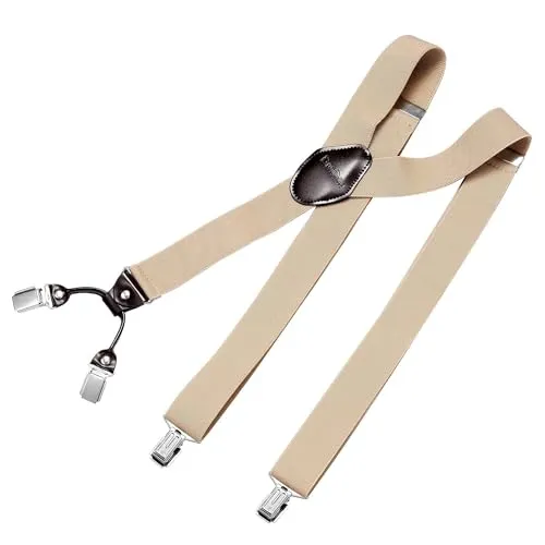 DonDon Hosenträger Herren extra stark beige 3,5 cm Hosenträger Herren breit mit brauem Leder in Y-Form lang - Starke Clips passend für Anzug Jeans Chinos Vintage Rockabilly Suspenders