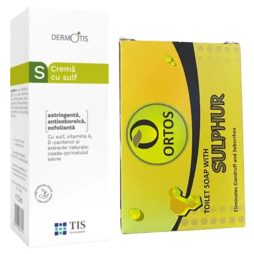 Set Schwefelsalbe-Creme und Schwefel-Seife - Effektive Hautpflege gegen Akne - Gesichtsreinigung mit Schwefel für fettige Haut. Die Creme und Seife helfen effektiv gegen Akne, Mitesser und Schuppen, während sie die Haut sanft reinigen und beruhigen.