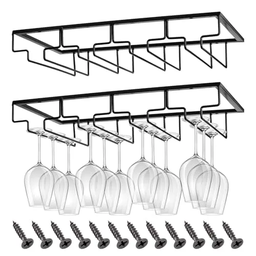 CIRULLI 2 Stück Weinglashalter,Halter Unter Dem Schrank,4 Reihige Metall Weingläser Halterung,Hängender Gläserhalterung,Schrank Weinglashalter Für Hausbar Küche Bar Restaurant Schwarz Glashaken