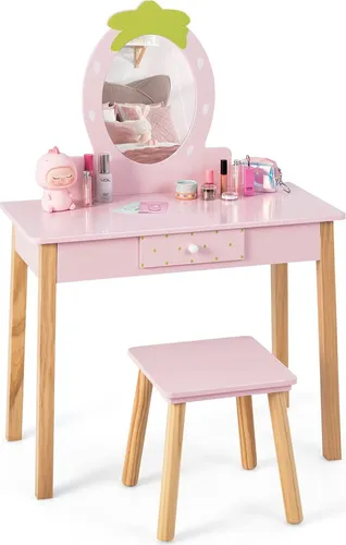 COSTWAY 2in1 Kinder Schminktischset mit Hocker und Spiegel von Costway