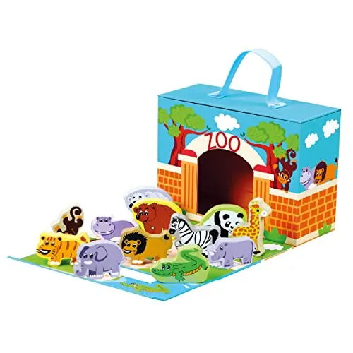 Mertens ZOO im Reisekoffer - Exotisches Holzspielzeug für Kinder ab 1,5 Jahren, 12 lustige Tierfiguren und praktischer Tragekoffer für unterwegs