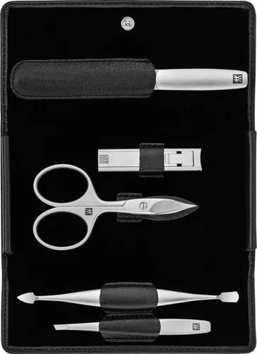 ZWILLING Premium Maniküre Set 5tlg. in Schwarz - Maniküre-Etui mit 5 hochwertigen Instrumenten für perfekte Nagelpflege; rostfreier Edelstahl, ergonomisches Design und elegantes schwarzes Leder-Etui für unterwegs.