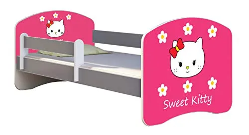 ACMA Kinderbett Jugendbett mit Einer Schublade und Matratze Grau mit Rausfallschutz Lattenrost II (16 Sweet Kitty 2, 140x70)