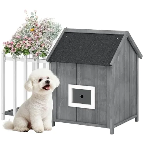 PawHut Hundehütte für den Außenbereich, aus Holz, mit Terrasse und Barriere, Haus für Hunde im Freien, Lamellentür und Spitzdach aus Bitumen, für Garten, Hof, Veranda, Terrasse, 106 x 62,5 x 80,5 cm