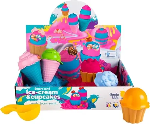 Genio Kids Knetsand 1kg Set Cupcakes & Eiscreme - Pink und Blau Sandknete Magischer Sand, 8 Zubehör - Zaubersand Knete Sand Weihnachtsgeschenke für Kinder, Mädchen und Jungen (classic) (New)
