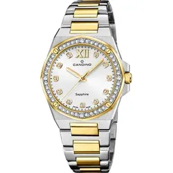 Candino C4752/1 Damen-Armbanduhr - Elegante Damen-Armbanduhr von Candino mit silber-goldenem Edelstahlarmband und Saphirglas. Die Quarzuhr überzeugt durch ihr rundes Gehäuse und das stilvolle weiße Zifferblatt. Ideal für besondere Anlässe!