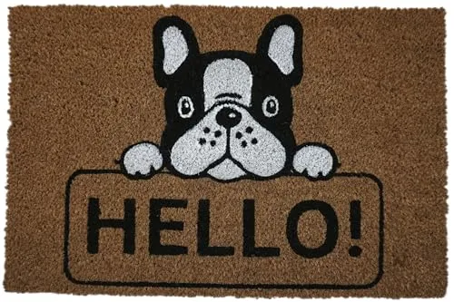 KOKO DOORMATS Kokos Fußmatte außen mit Anti-Rutsch PVC | Lustige Türmatte Hello - Bulldog | Umweltfreundlich, Robust & Pflegeleicht | 60x40 cm für Außenbereich & Haustür