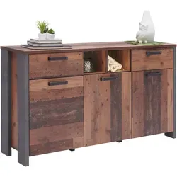 Landscape Sideboard CARDIFF - Vintage-Look mit viel Stauraum - Kommode im Retro-Style mit rustikaler Betonoptik und Old-Wood-Vintage-Dekor. Bietet großzügigen Stauraum mit 3 Türen und 2 Schubkästen für Ihre Wohnaccessoires.