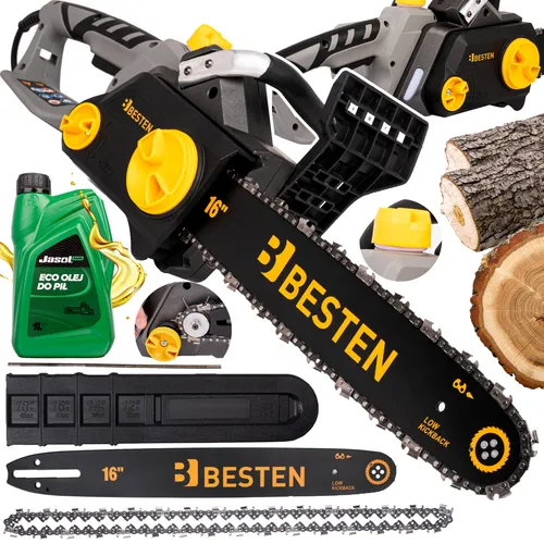 BESTEN Elektro Holz-Kettensäge 2400W - 40cm mit automatischer Schmierung - Elektrokettensägen für Garten- und Bauarbeiten, 2400W Leistung schneidet mühelos Holz bis 40cm Durchmesser. Mit schlüsselloser Kettenspannung und automatischer Schmierung für optimale Leistung und Benutzerfreundlichkeit.