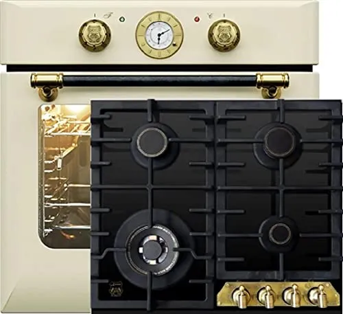 Kaiser Herdset Einbaubackofen EH 6432 ElfBE + KCG 6335 Em Retro Elektro, Autark, 68 L, Drehspieß, 10 Funktionen+ 60cm, Schwarz Glas, Retro Einbau Herd, 3,8kW WOK Facette vorne Metallplate Bronze