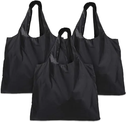 Luxja einkaufstasche faltbar, einkaufsbeutel Wiederverwendbare, faltbare einkaufstaschen mit angebrachtem Beutel, Waschbar, Dauerhaft und Leicht, 3 Stück, Schwarz