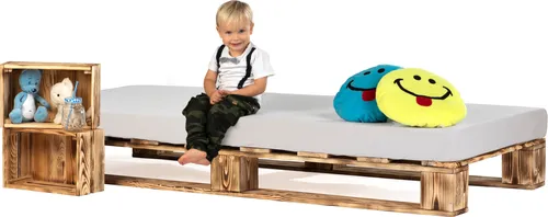 Lermowood Palettenbett 90 x 200 cm Geflammt Holzbett Massivholzbett Bett aus Paletten Seniorenbett Kinderbett Jugendbett