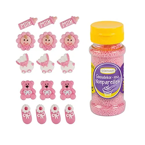 Günthart 16 Zuckerfiguren für Taufe & Baby Shower mit ROSA Streudekor