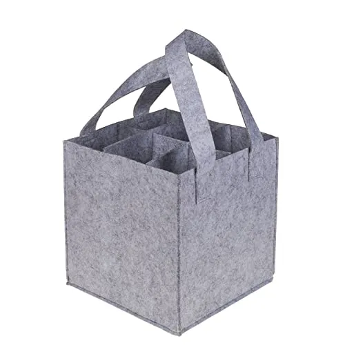 ReWu Filz-Tasche Flaschentasche Flaschenträger Flaschenkorb Tragetasche Bottlebag 6 Fächer bis 1,5L Flaschen Filzoptik Grau, mit Herausnehmbaren Trennwände 24 x 24 x 24 cm