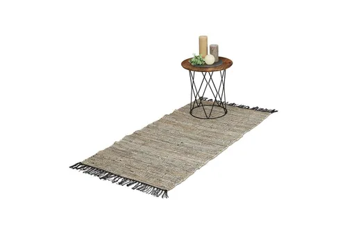 relaxdays Läufer Flickenteppich aus Leder & Baumwolle, Höhe: 5 mm, grau