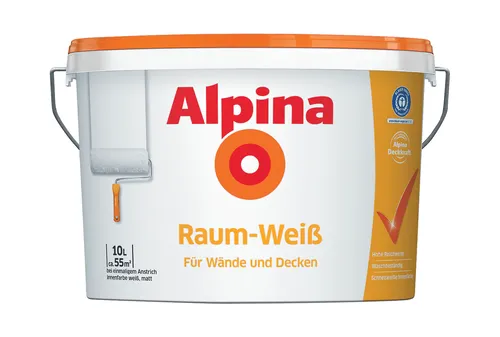 Alpina Raumweiß 10l - Deckende Wandfarbe - Kategorie: Farben, wasserbasierte, lösemittelfreie Wandfarbe mit hoher Deckkraft, ideal für Decken und Wände, einfache Verarbeitung und schnelle Trocknung in 4-6 Stunden.