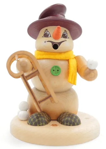 Kuhnert Erzgebirge Schneemann Räuchermann 13cm - Schlitten - Nussknacker in Form eines Schneemanns, handgefertigt aus Holz, perfekt für festliche Weihnachtsdekoration und stimmungsvolle Räucherabende.