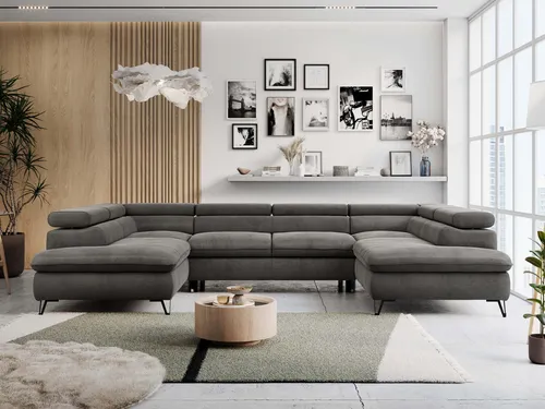 MKS MEBLE Sofa U-Form Grau - Peter U mit Schlaffunktion - Sofa mit verstellbaren Kopfstützen und 2 Bettkästen für optimalen Stauraum. Ideal für Allergiker dank HR-Schaum, sorgt für besseren Schlafkomfort und Luftzirkulation. Perfekt für jedes Wohnzimmer.