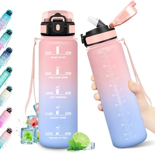 Sportflasche 1L, Trinkflasche Kohlensäure Geeignet, Auslaufsicher, BPA-frei, Trinkflasche mit Zeitmarkierung & Strohhalm, Motivierende Wasserflasche für Fitness, Schule, Fahrrad, Yoga, Camping,
