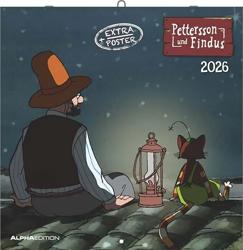 Alpha Edition - Pettersson und Findus Kalender 2026 – Wandkalender 30×30 cm mit Illustrationen & Platz für Notizen, Broschürenkalender inkl. Poster, perfektes Geschenk für Kinder & Fans