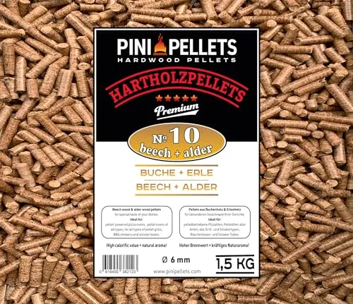 PINI Grillpellets № 10 Buche Erle Mix 1,5 kg BBQ Hartholzpellets zum Grillen Räuchern Smoken